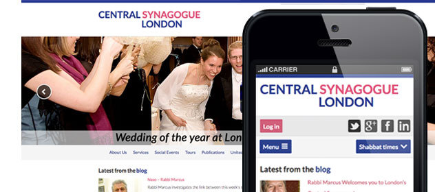 A screen shot from the central synagogue showing the iPhone, and desktop helping the user experience when browsing across different devices.